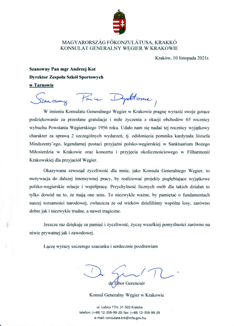 Podziekowanie Konsula Generalnego Wegier